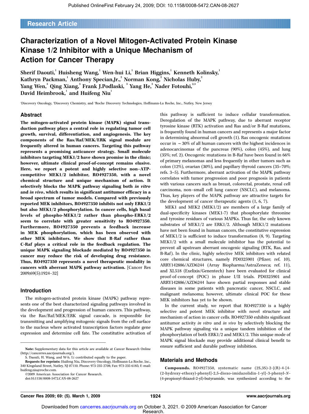 Characterization of a Novel Mitogen-Activated Protein Kinase Kinase 1/2 Inhibitor with a Unique Mechanism of Action for Cancer Therapy
