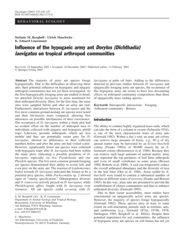 Influence of the Hypogaeic Army Ant Dorylus (Dichthadia) Laevigatus on Tropical Arthropod Communities