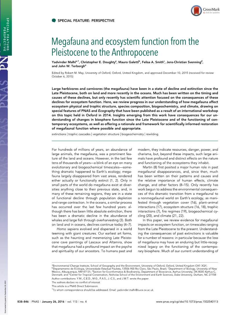 Megafauna and Ecosystem Function from the Pleistocene to the Anthropocene Yadvinder Malhia,1, Christopher E