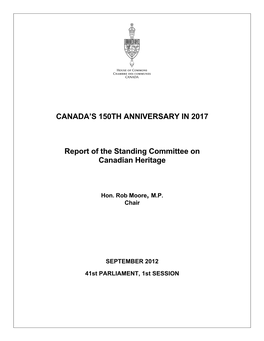 CANADA's 150TH ANNIVERSARY in 2017 Report of the Standing