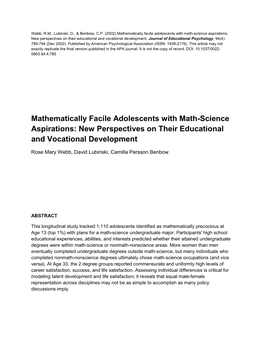 Mathematically Facile Adolescents with Math-Science Aspirations: New Perspectives on Their Educational and Vocational Development