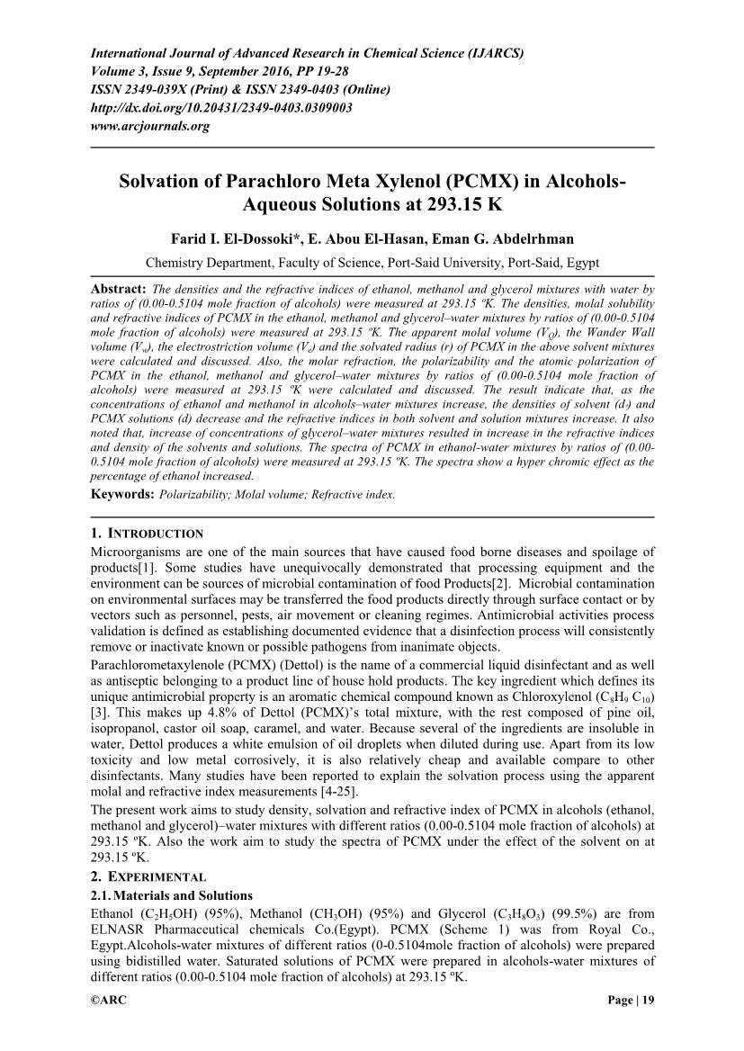 (PCMX) in Alcohols- Aqueous Solutions at 293.15 K
