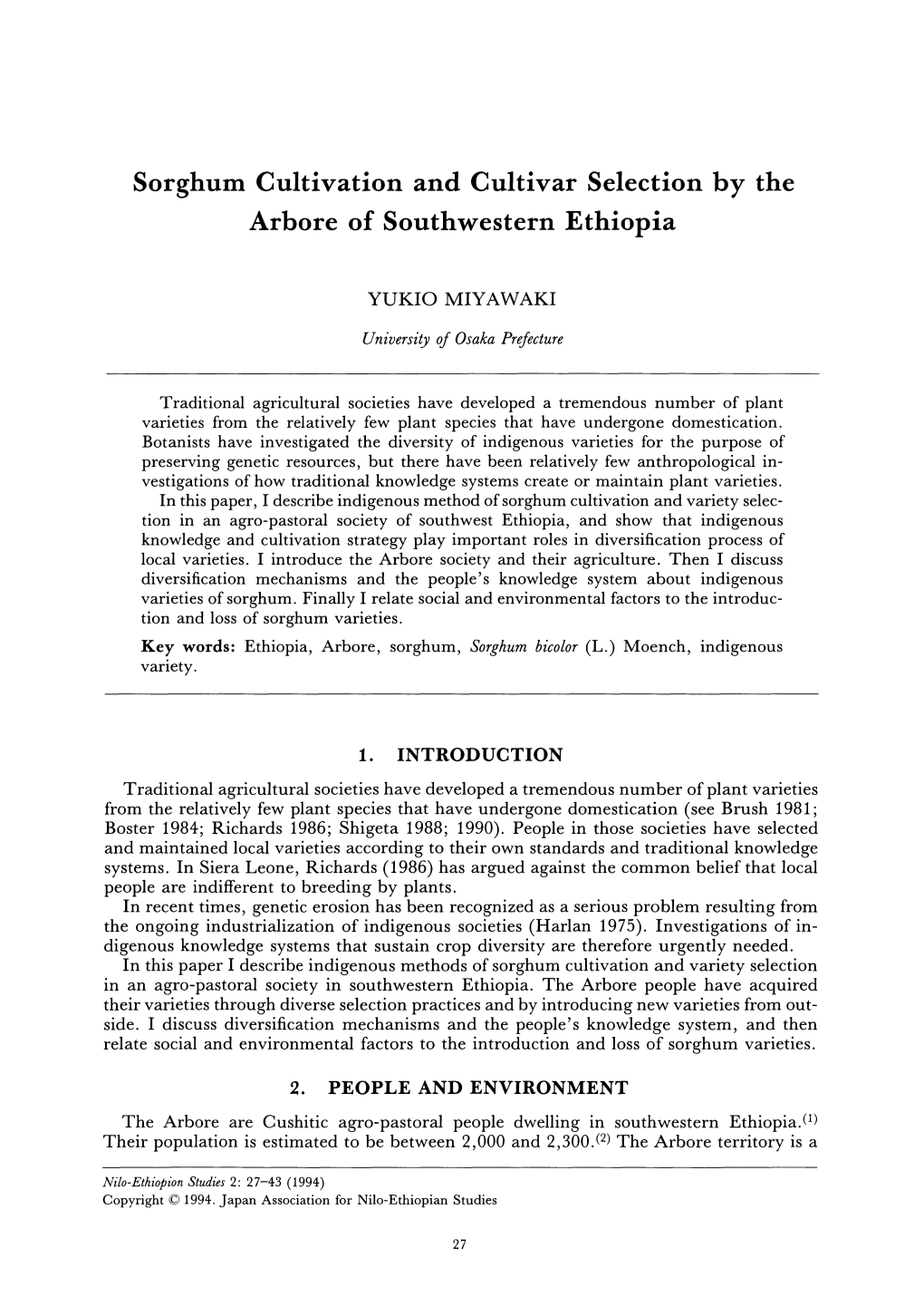 Sorghum Cultivation and Cultivar Selection by the Arbore of Southwestern Ethiopia