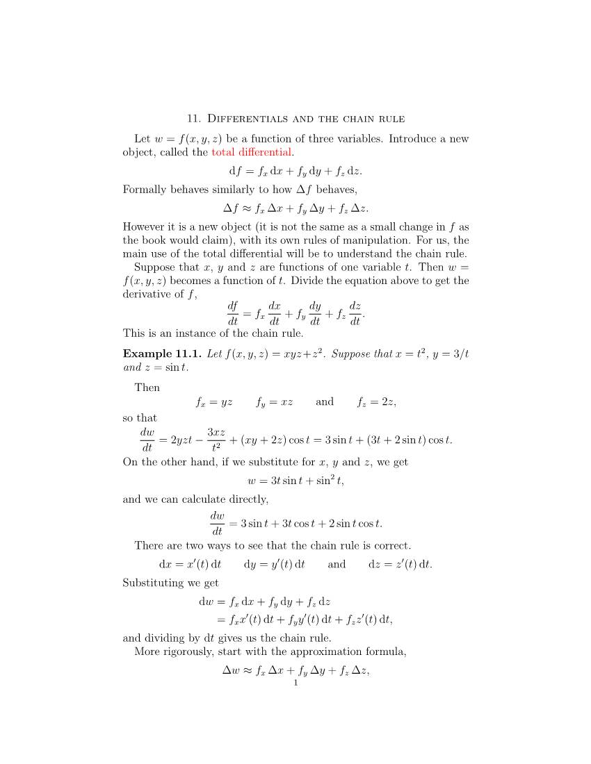 11. Differentials and the Chain Rule Let W = F(X, Y, Z) Be a Function of Three Variables