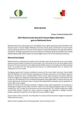 2017 Martin Ennals Award for Human Rights Defenders Goes to Mohamed Zaree