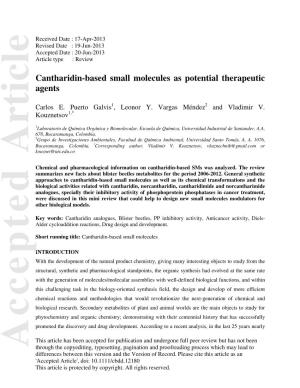 Cantharidinbased Small Molecules As Potential Therapeutic Agents