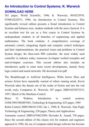 An Introduction to Control Systems; K. Warwick
