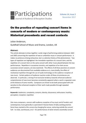 On the Practice of Repeating Concert Items in Concerts of Modern Or Contemporary Music: Historical Precedents and Recent Contexts