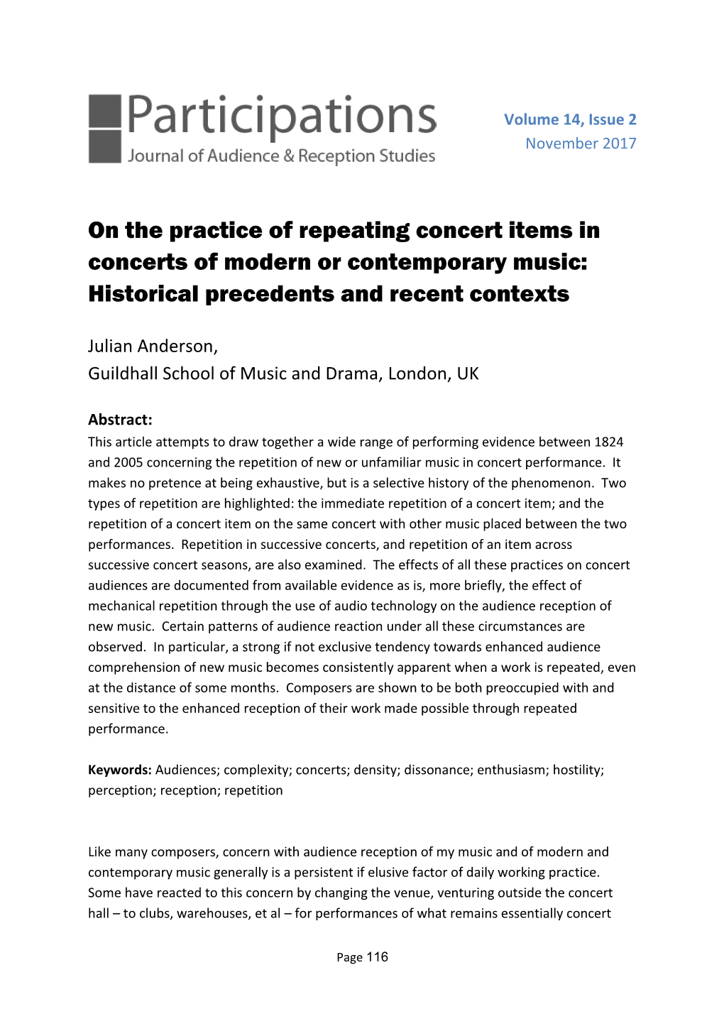 On the Practice of Repeating Concert Items in Concerts of Modern Or Contemporary Music: Historical Precedents and Recent Contexts