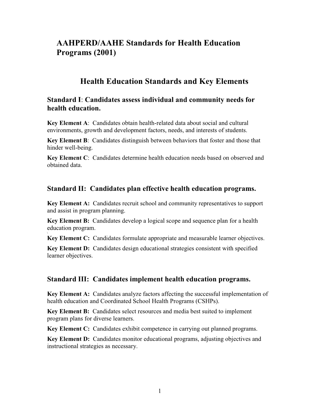 Health Education Standards and Key Elements