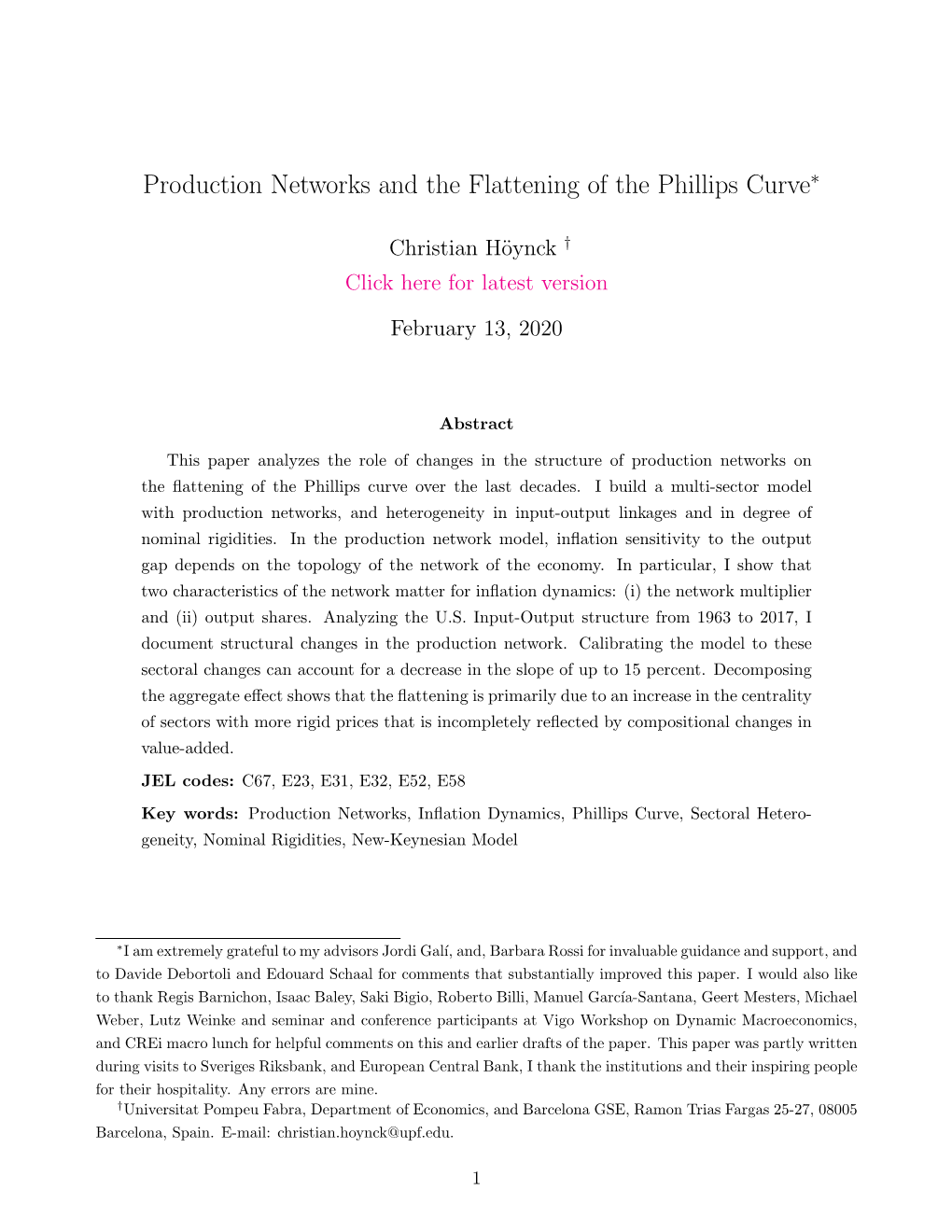 Production Networks and the Flattening of the Phillips Curve∗