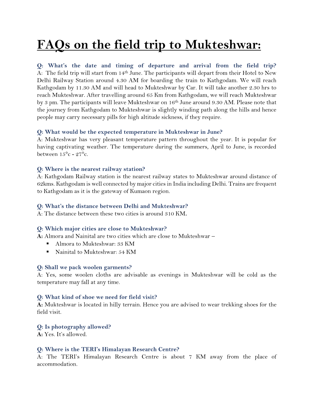 Faqs on the Field Trip to Mukteshwar