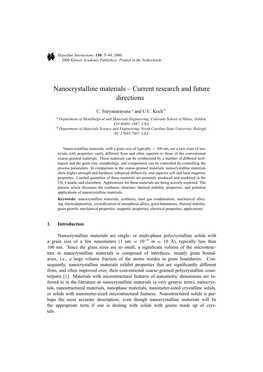 Nanocrystalline Materials – Current Research and Future Directions