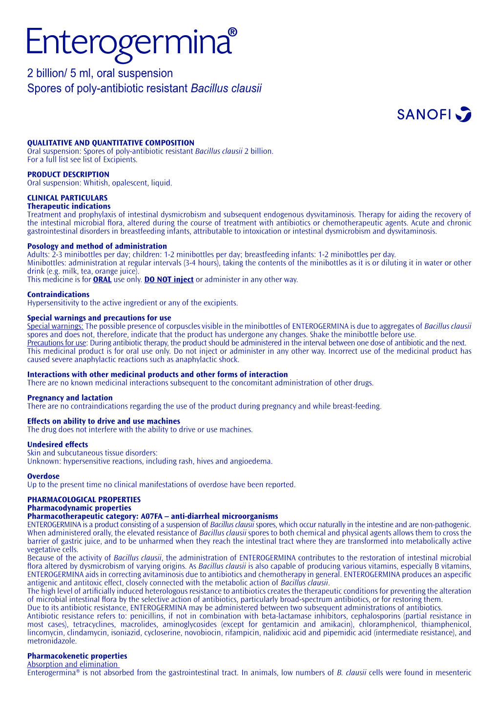 2 Billion/ 5 Ml, Oral Suspension Spores of Poly-Antibiotic Resistant Bacillus Clausii