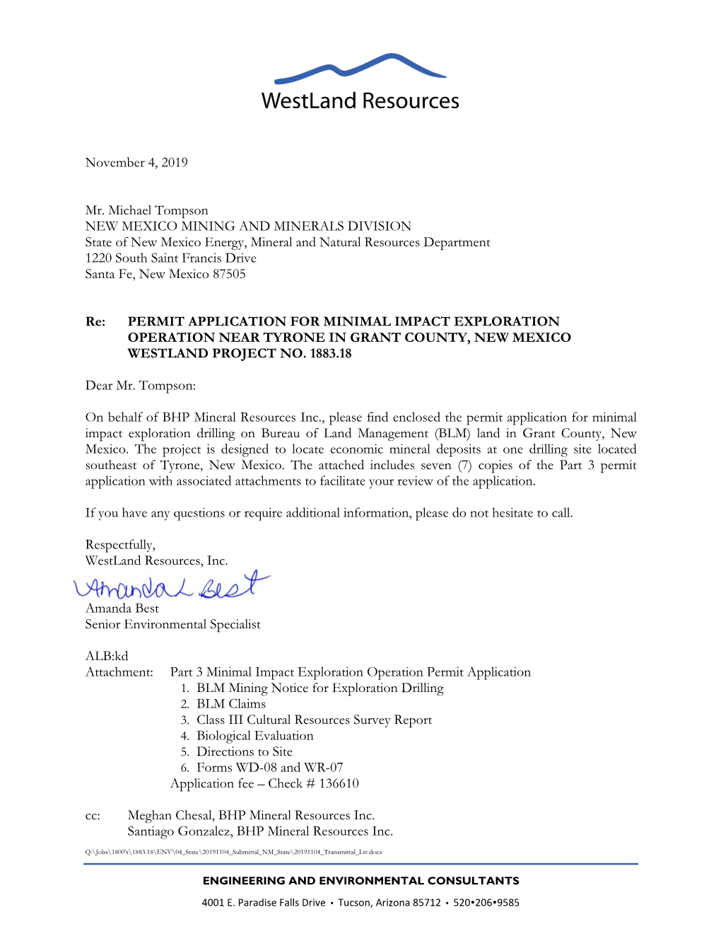 Application for Minimal Impact Exploration Operation Near Tyrone in Grant County, New Mexico Westland Project No