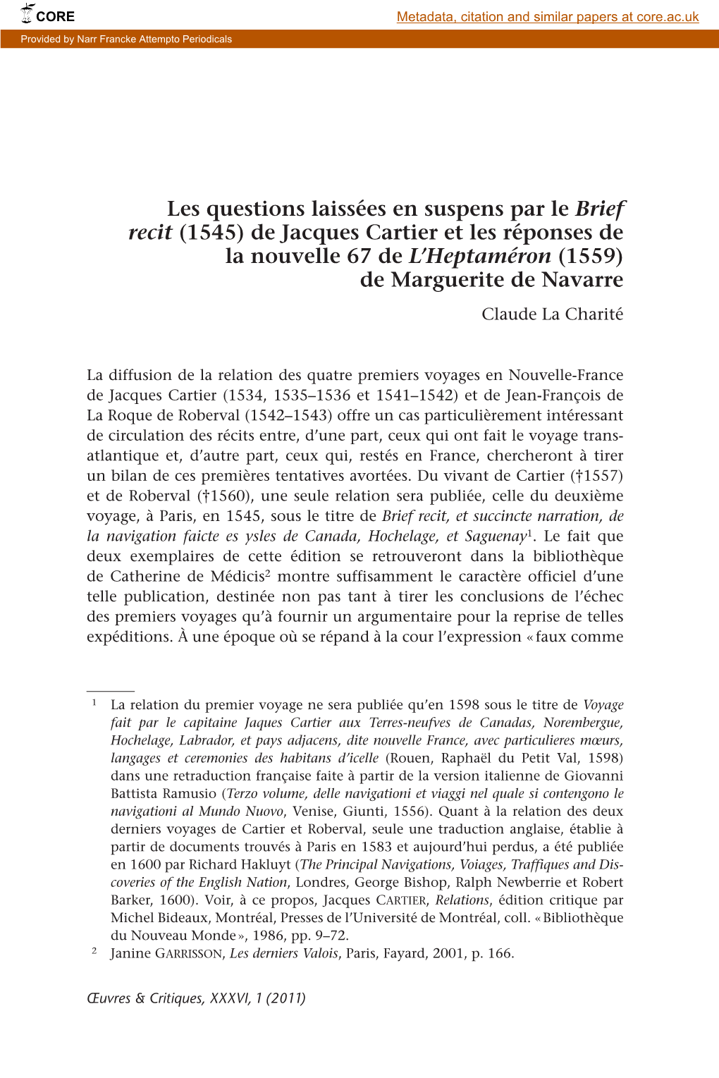 (1545) De Jacques Cartier Et Les Réponses De La Nouvelle 67 De L’Heptaméron (1559) De Marguerite De Navarre Claude La Charité