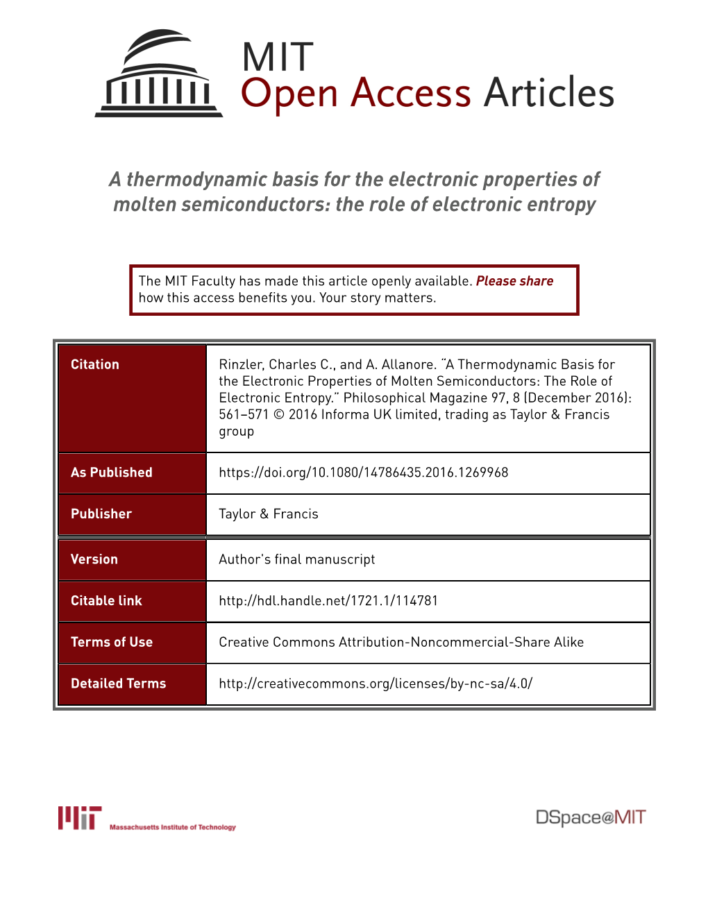 A Thermodynamic Basis for the Electronic Properties of Molten Semiconductors: the Role of Electronic Entropy