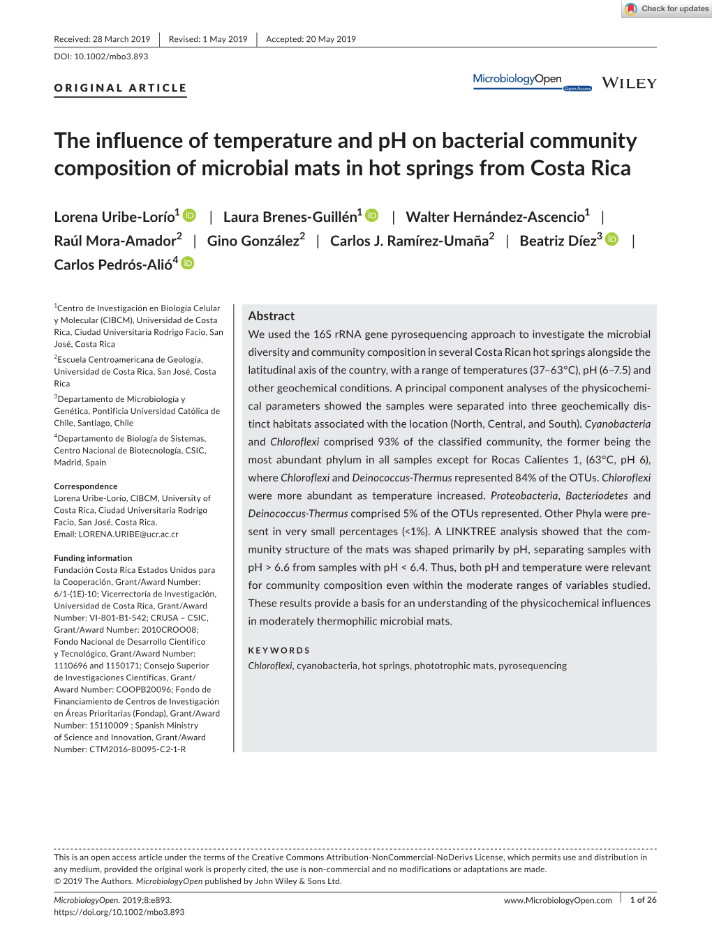 The Influence of Temperature and Ph on Bacterial Community Composition of Microbial Mats in Hot Springs from Costa Rica