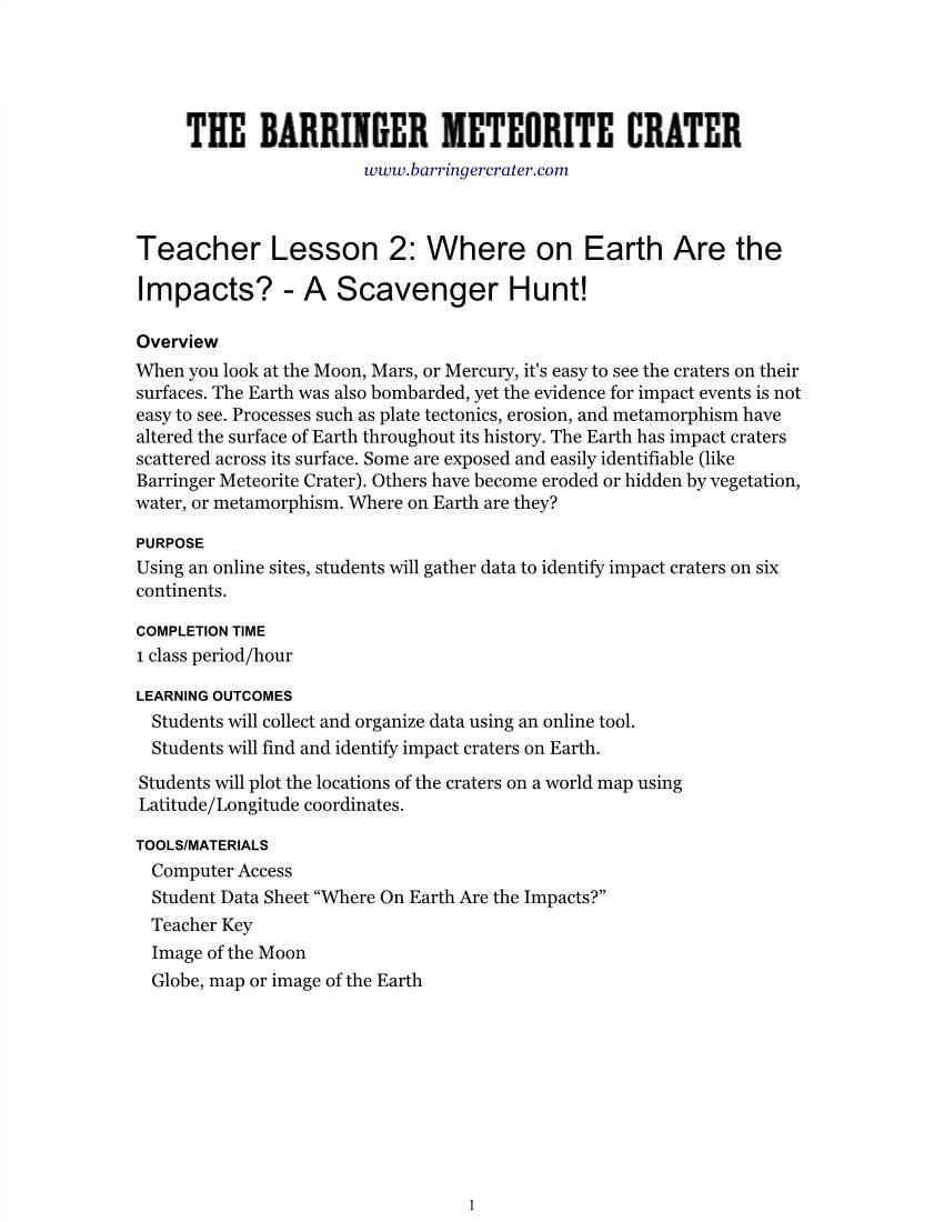 Teacher Lesson 2: Where on Earth Are the Impacts?Анаa Scavenger