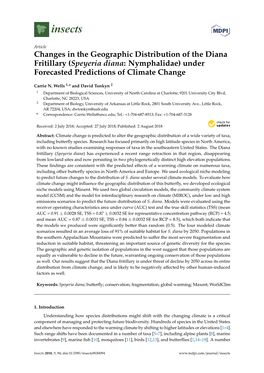 (Speyeria Diana: Nymphalidae) Under Forecasted Predictions of Climate Change