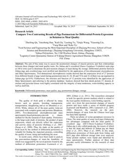 Research Article Compare Two Contrasting Breeds of Pigs Postmortem for Differential Protein Expression in Relation to Meat Quality