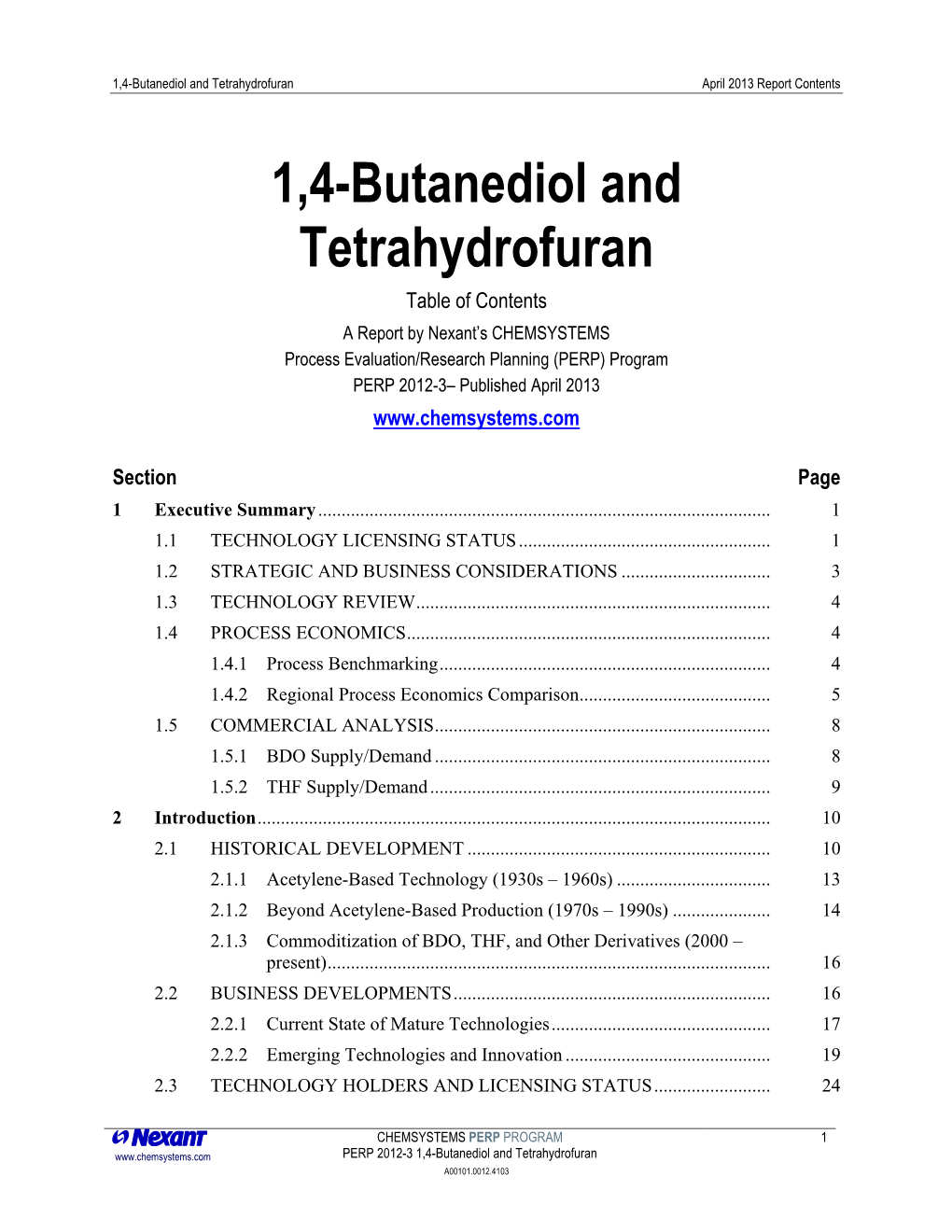 1,4-Butanediol and Tetrahydrofuran April 2013 Report Contents