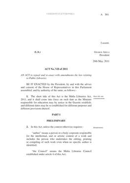 A 501 ACT No. VII of 2011 an ACT to Repeal and Re-Enact With