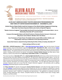Alvin Ailey American Dance Theater Announces Programming for New York City Center Season November 29 – December 31, 2017