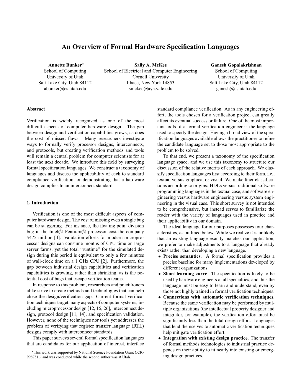 An Overview of Formal Hardware Specification Languages