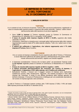 Le Imprese Di Tortona E Del Tortonese Al 31 Dicembre 20131