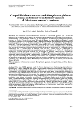 Compatibilidad Entre Nueve Cepas De Biomphalaria Glabrata De Áreas Endémicas Y No Endémicas Y Una Cepa De Schistosoma Mansoni Venezolanas