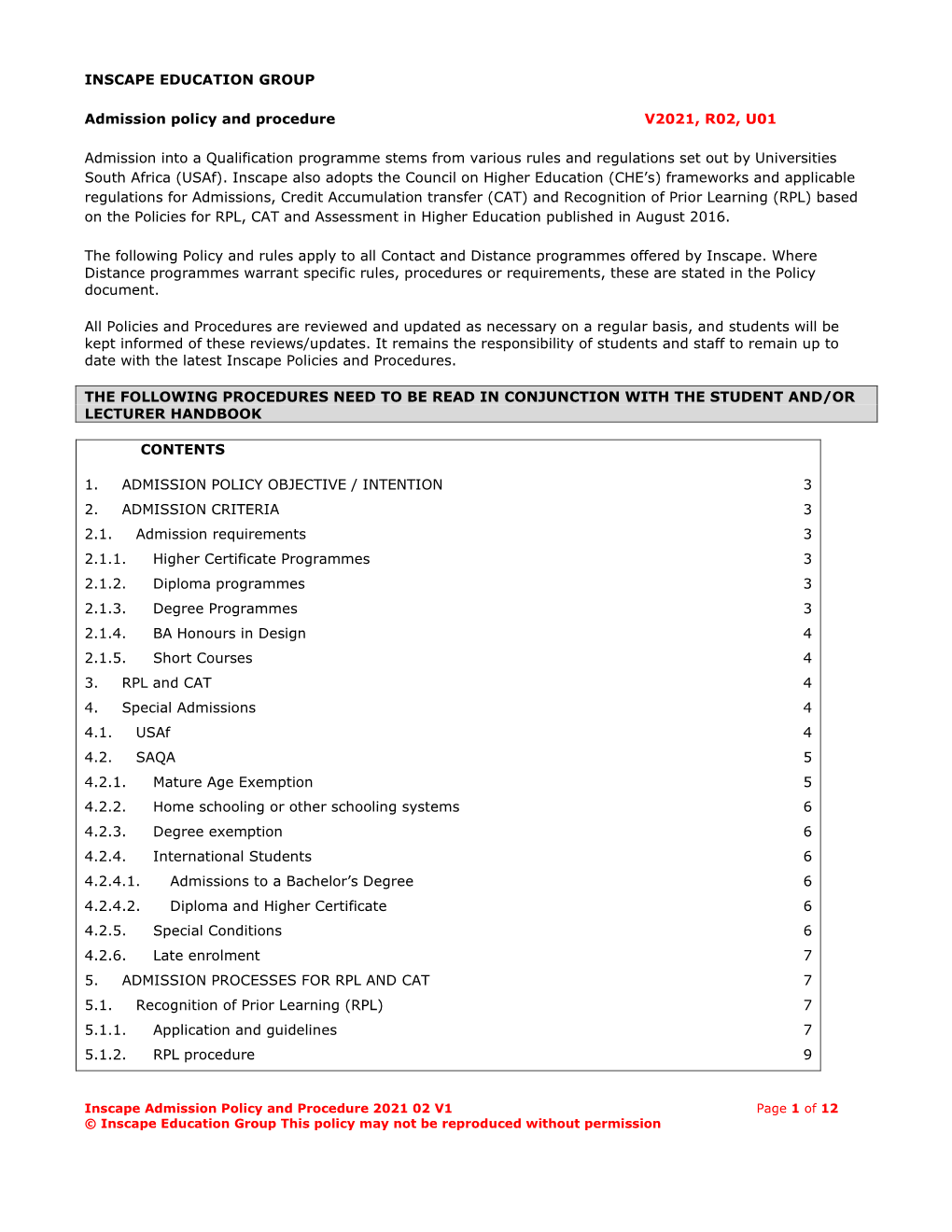 Policy and Procedures for Inscape Design College (PTY)