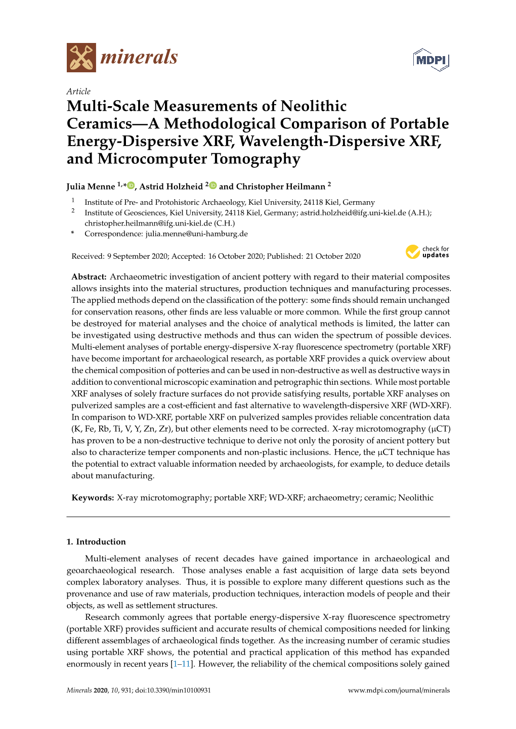 Multi-Scale Measurements of Neolithic Ceramics—A Methodological Comparison of Portable Energy-Dispersive XRF, Wavelength-Dispersive XRF, and Microcomputer Tomography