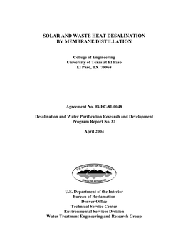 Solar and Waste Heat Desalination by Membrane Distillation