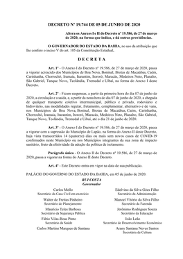 Decreto Nº 19.744 De 05 De Junho De 2020 D E C R E