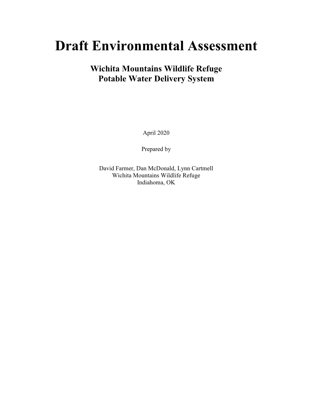 Draft Environmental Assessment Wichita Mountains Wildlife Refuge