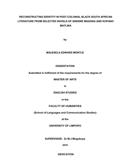 Reconstructing Identity in Post-Colonial Black South African Literature from Selected Novels of Sindiwe Magona and Kopano Matlwa