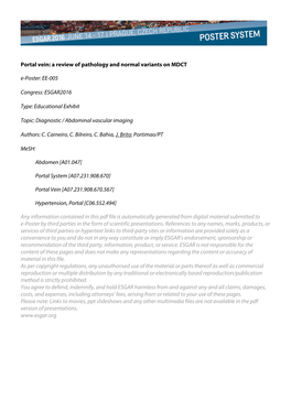 Portal Vein: a Review of Pathology and Normal Variants on MDCT E-Poster: EE-005