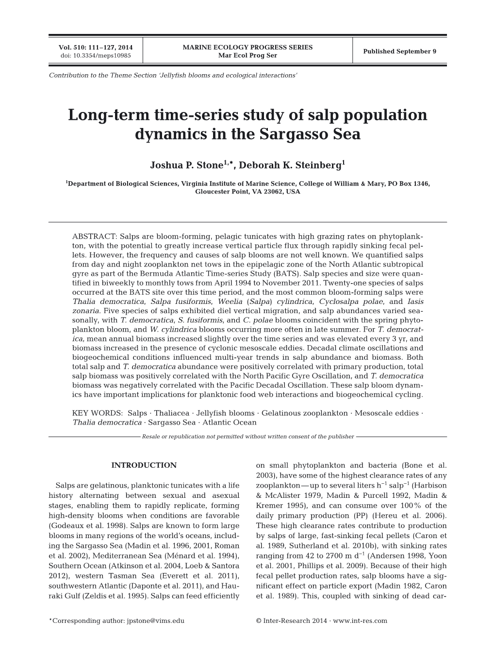 Long-Term Time-Series Study of Salp Population Dynamics in the Sargasso Sea