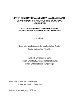 Intergenerational Memory, Language and Jewish Identification of the Sarajevo Sephardim