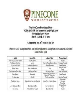 The Pinecone Bluegrass Show WQDR 94.7 FM, and Streaming on 947Qdr.Com Hosted by Larry Nixon March 1, 2015, 6 – 9 P.M