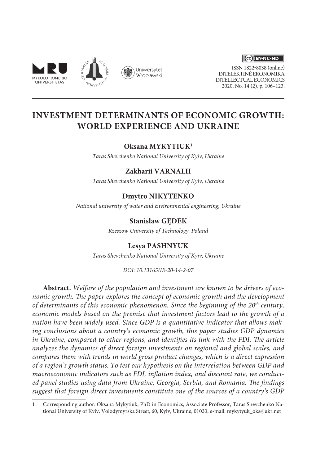 Investment Determinants of Economic Growth: World Experience and Ukraine