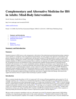 Complementary and Alternative Medicine for IBS in Adults: Mind-Body Interventions