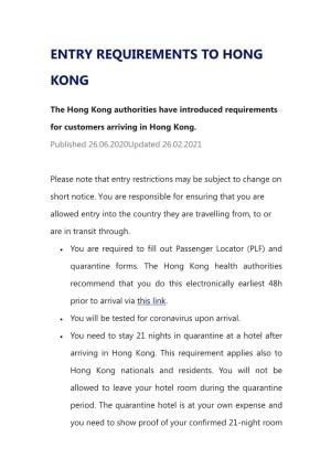 Entry Requirements to Hong Kong
