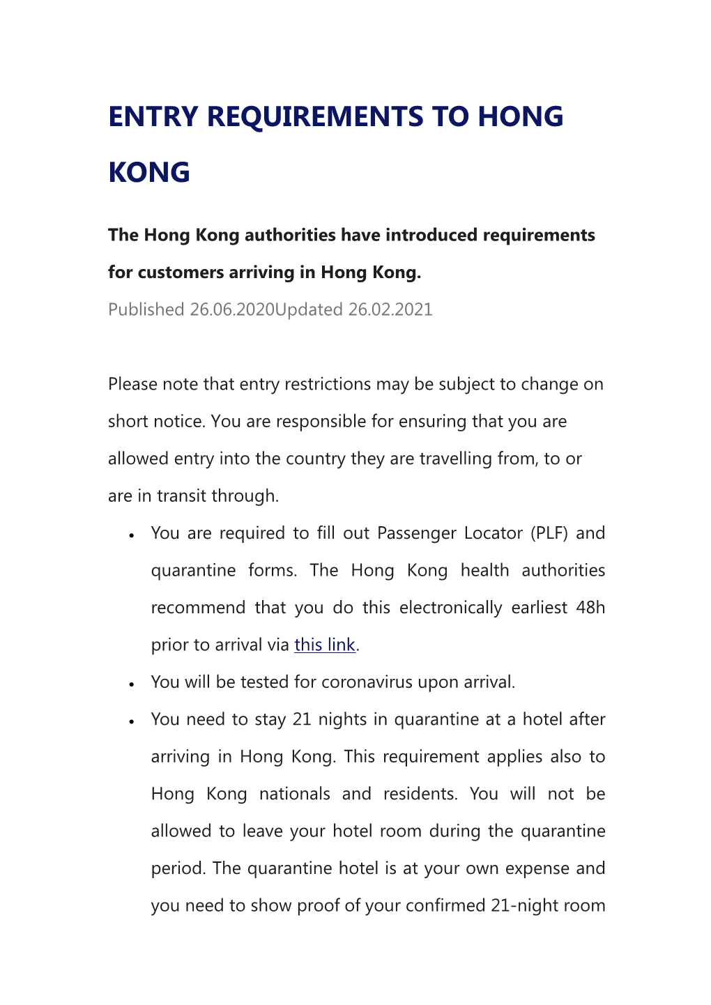 Entry Requirements to Hong Kong