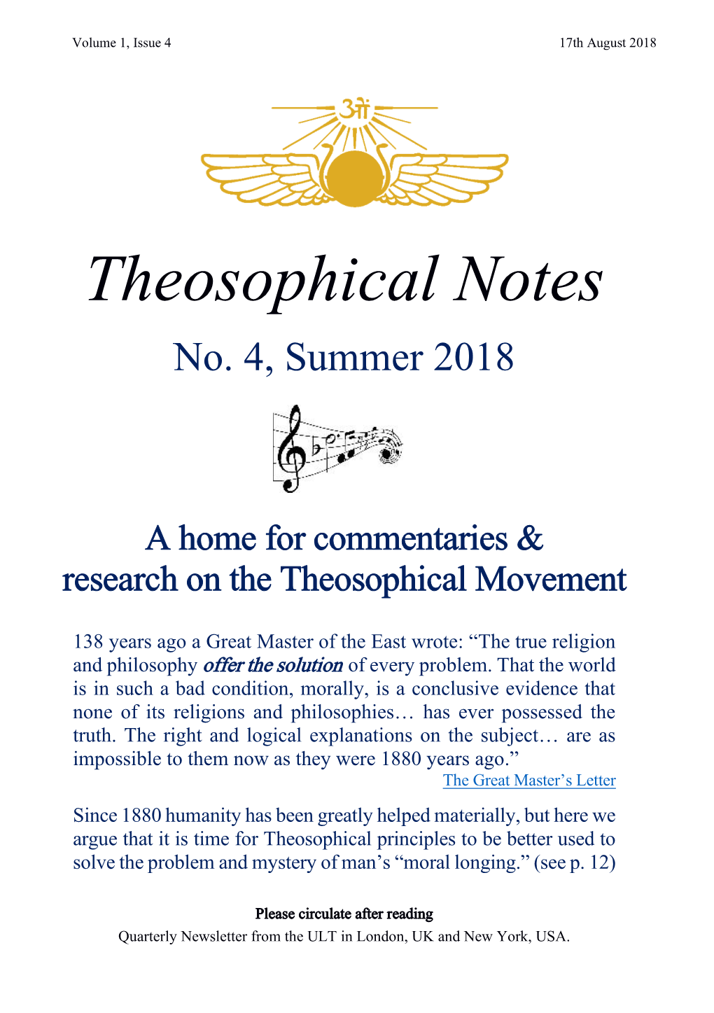 Theosophical Notes No. 4, Summer 2018