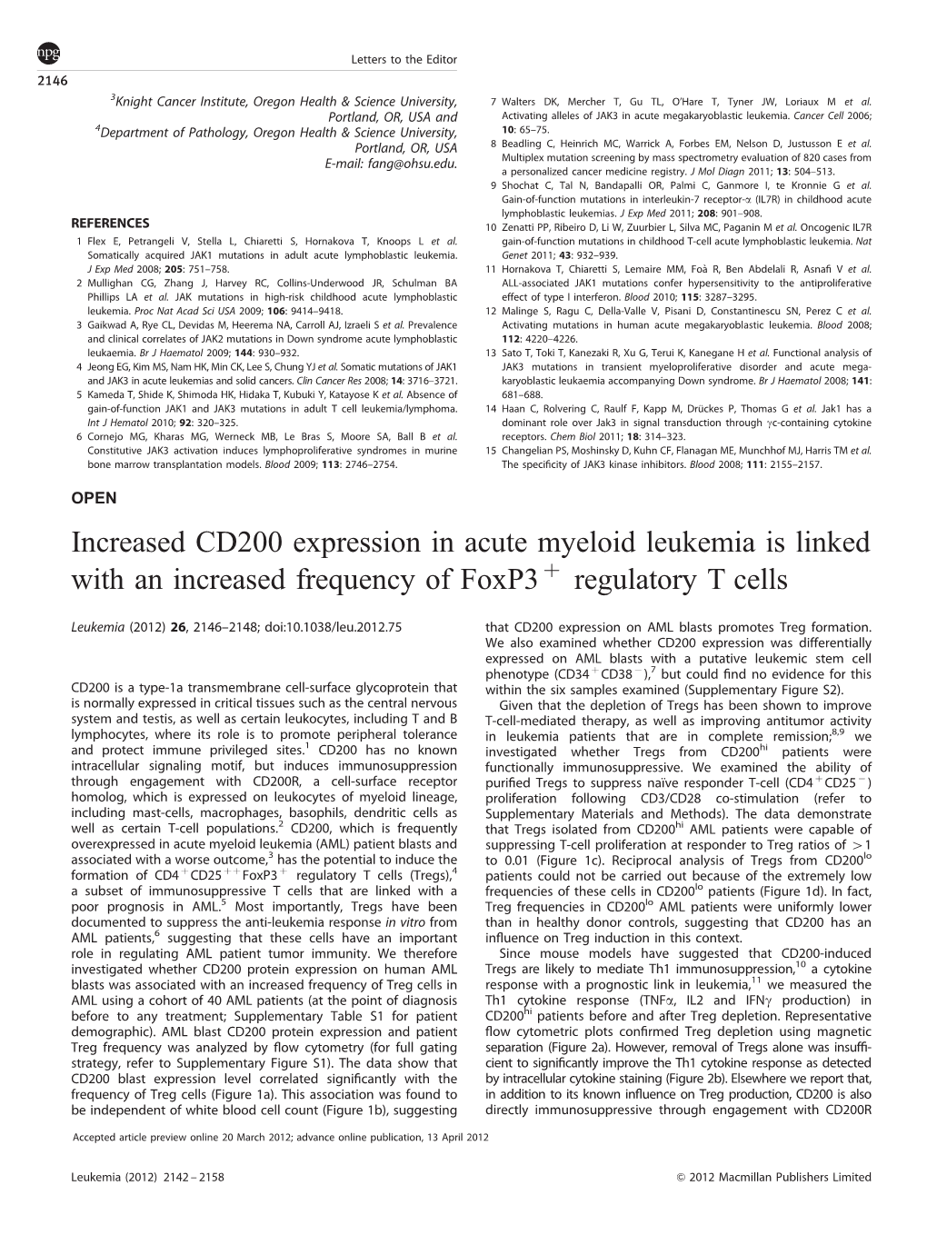 Increased CD200 Expression in Acute Myeloid Leukemia Is Linked with an Increased Frequency of Foxp3 Þ Regulatory T Cells