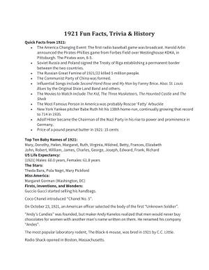1921 Fun Facts, Trivia & History