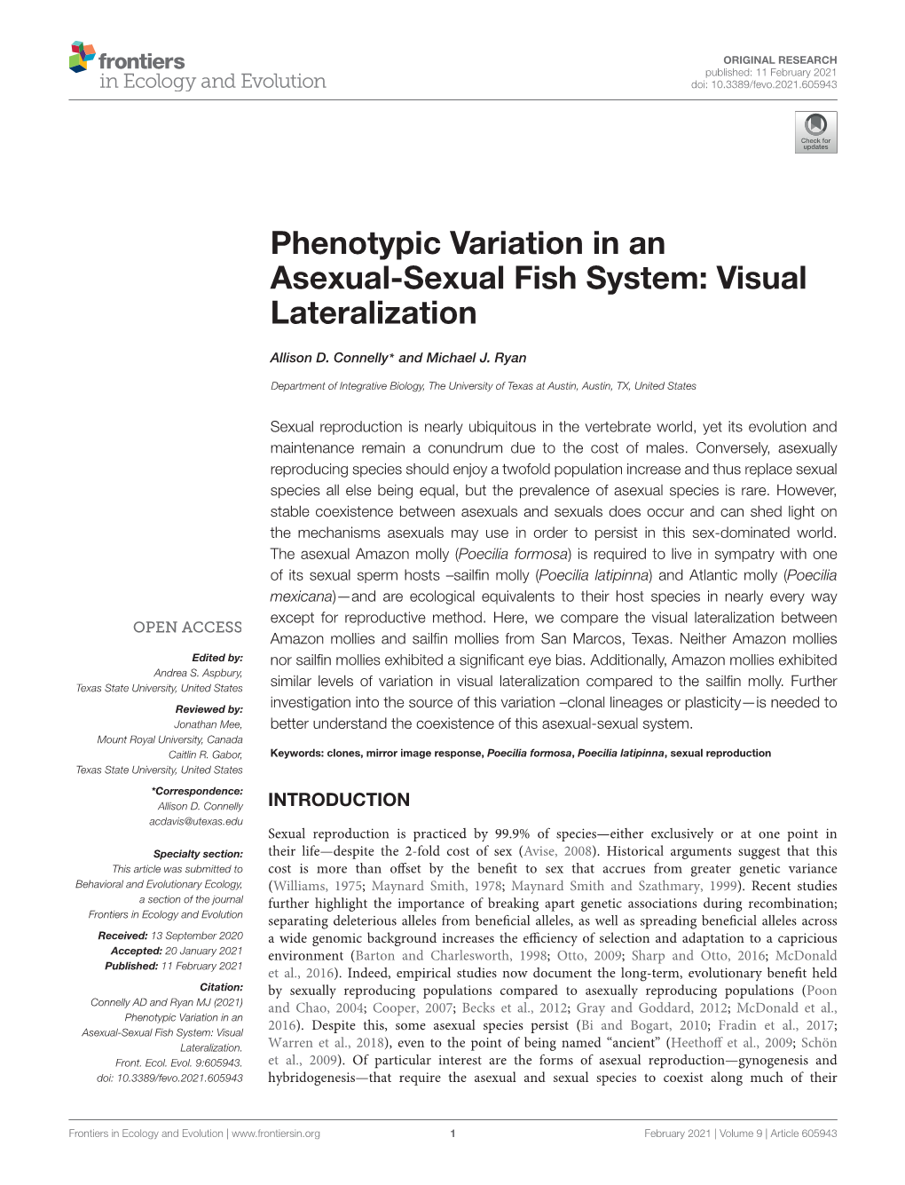 Phenotypic Variation in an Asexual-Sexual Fish System: Visual Lateralization