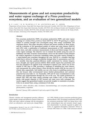 Measurements of Gross and Net Ecosystem Productivity and Water Vapour Exchange of a Pinus Ponderosa Ecosystem, and an Evaluation of Two Generalized Models
